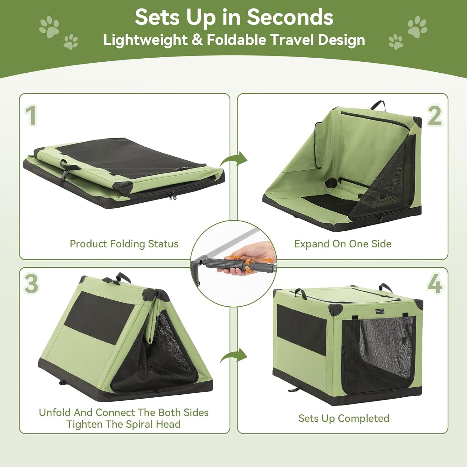 36" Soft Portable Dog Crate – Patented Spiral Sturdy Frame, Collapsible Travel Kennel for Medium & Large Dogs, 3 Mesh Door, Lockable Zippers, Indoor & Car Use Green