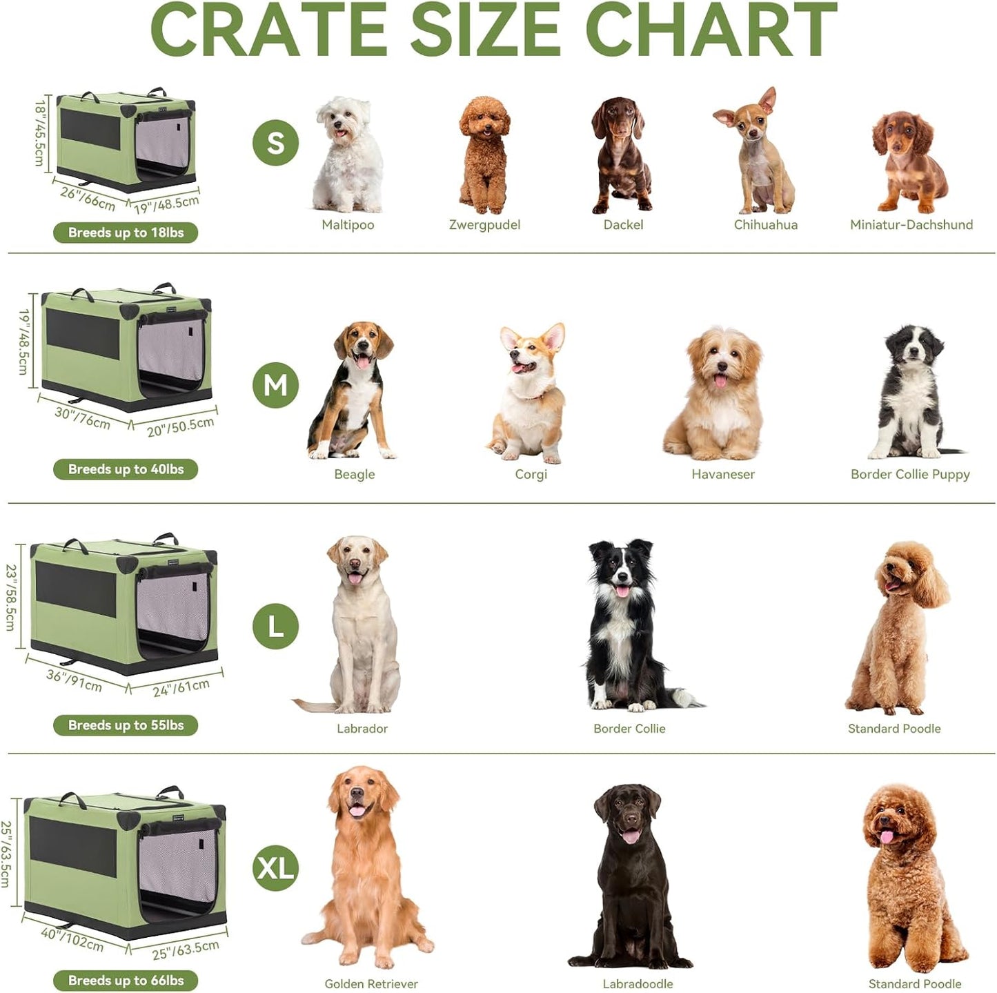 36" Soft Portable Dog Crate – Patented Spiral Sturdy Frame, Collapsible Travel Kennel for Medium & Large Dogs, 3 Mesh Door, Lockable Zippers, Indoor & Car Use Green