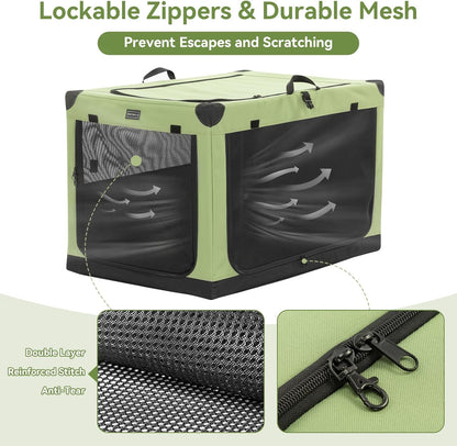 36" Soft Portable Dog Crate – Patented Spiral Sturdy Frame, Collapsible Travel Kennel for Medium & Large Dogs, 3 Mesh Door, Lockable Zippers, Indoor & Car Use Green