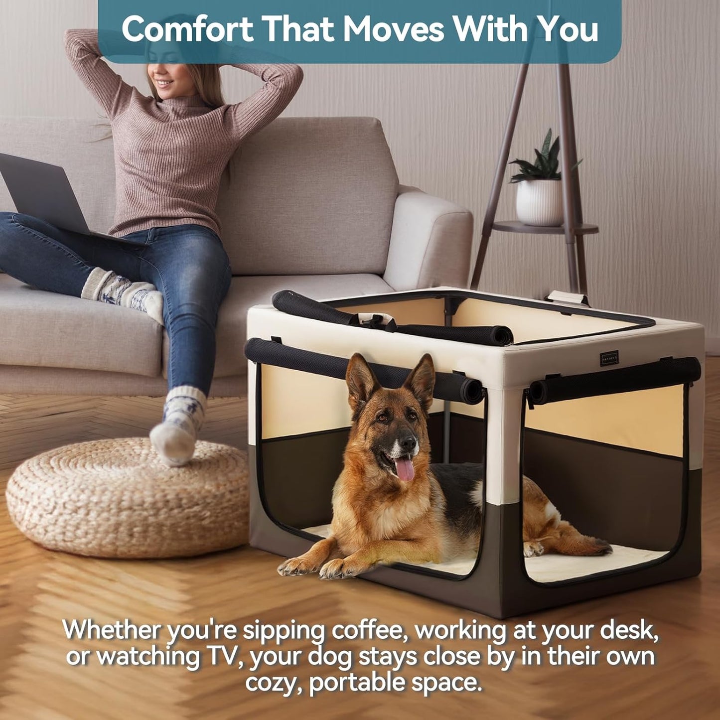 Portable Dog Crate for Small Dogs, – 24" Soft Dog Travel Crates with Lockable Zippers & Thicken Mat, Adjustable Patented Spiral Steel Frame, Collapsible Kennel for Indoor & Outdoor