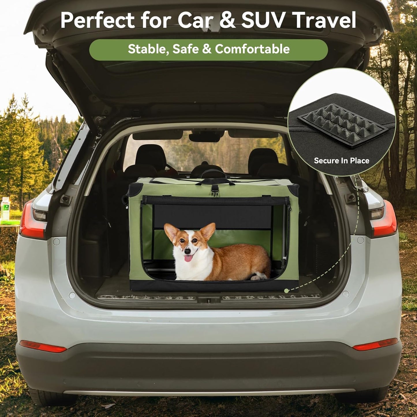 36" Soft Portable Dog Crate – Patented Spiral Sturdy Frame, Collapsible Travel Kennel for Medium & Large Dogs, 3 Mesh Door, Lockable Zippers, Indoor & Car Use Green