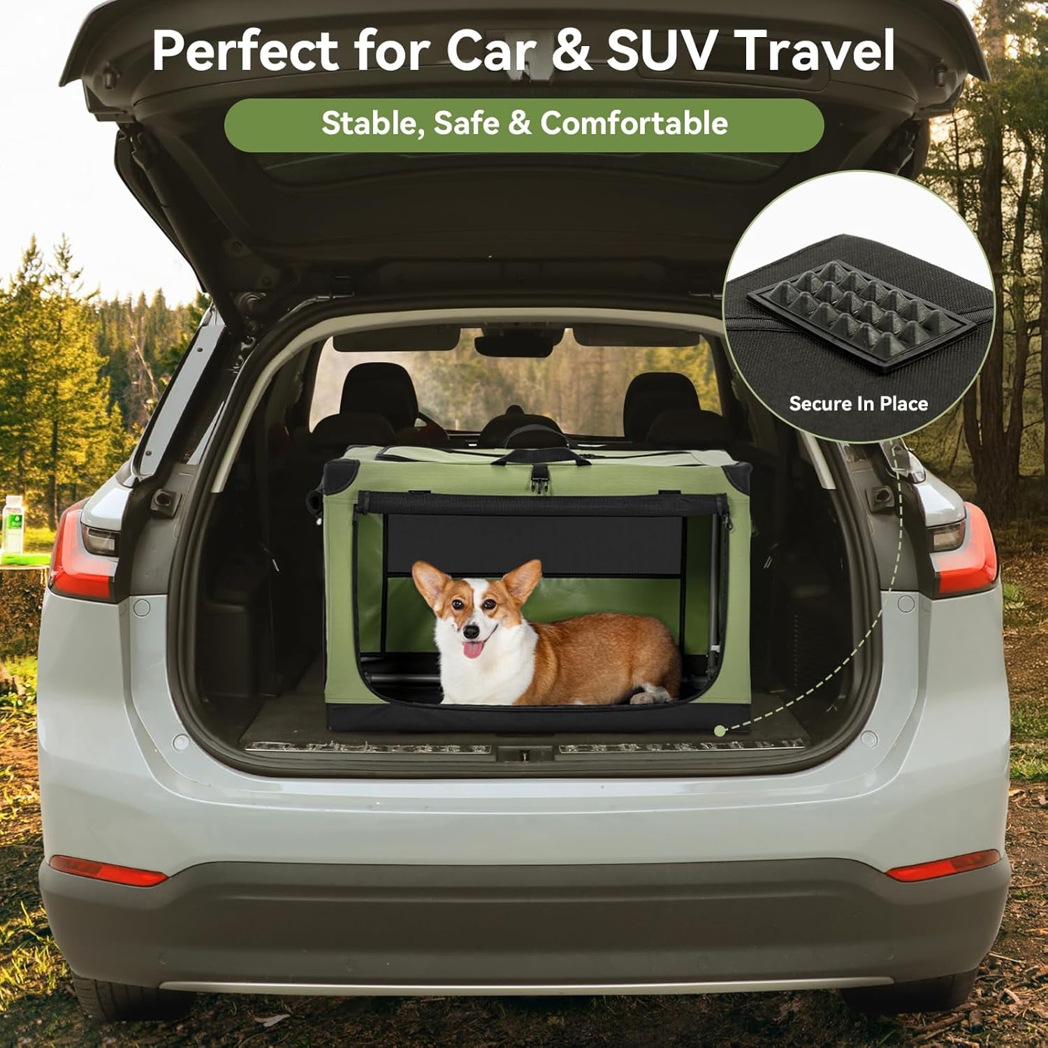 36" Soft Portable Dog Crate – Patented Spiral Sturdy Frame, Collapsible Travel Kennel for Medium & Large Dogs, 3 Mesh Door, Lockable Zippers, Indoor & Car Use Green