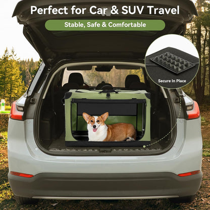 36" Soft Portable Dog Crate – Patented Spiral Sturdy Frame, Collapsible Travel Kennel for Medium & Large Dogs, 3 Mesh Door, Lockable Zippers, Indoor & Car Use Green