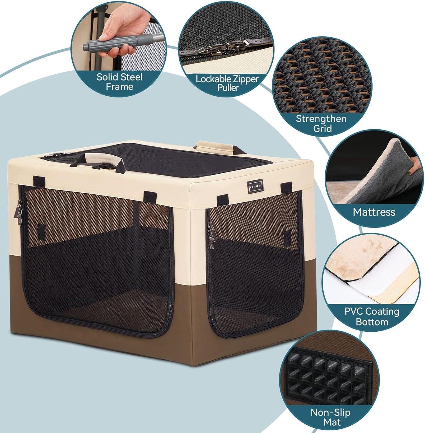 Portable Dog Crate for Small Dogs, – 24" Soft Dog Travel Crates with Lockable Zippers & Thicken Mat, Adjustable Patented Spiral Steel Frame, Collapsible Kennel for Indoor & Outdoor