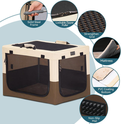 Portable Dog Crate for Small Dogs, – 24" Soft Dog Travel Crates with Lockable Zippers & Thicken Mat, Adjustable Patented Spiral Steel Frame, Collapsible Kennel for Indoor & Outdoor